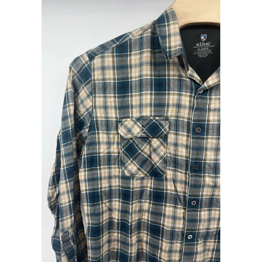 Kuhl XL Mens Lightweight Flannel Shirt Plaid Blue Tan White Cotton Blend - Picture 4 of 8
